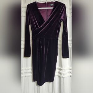 Le Chateau Deep Purple Faux Wrap Long Sleeve Dress.